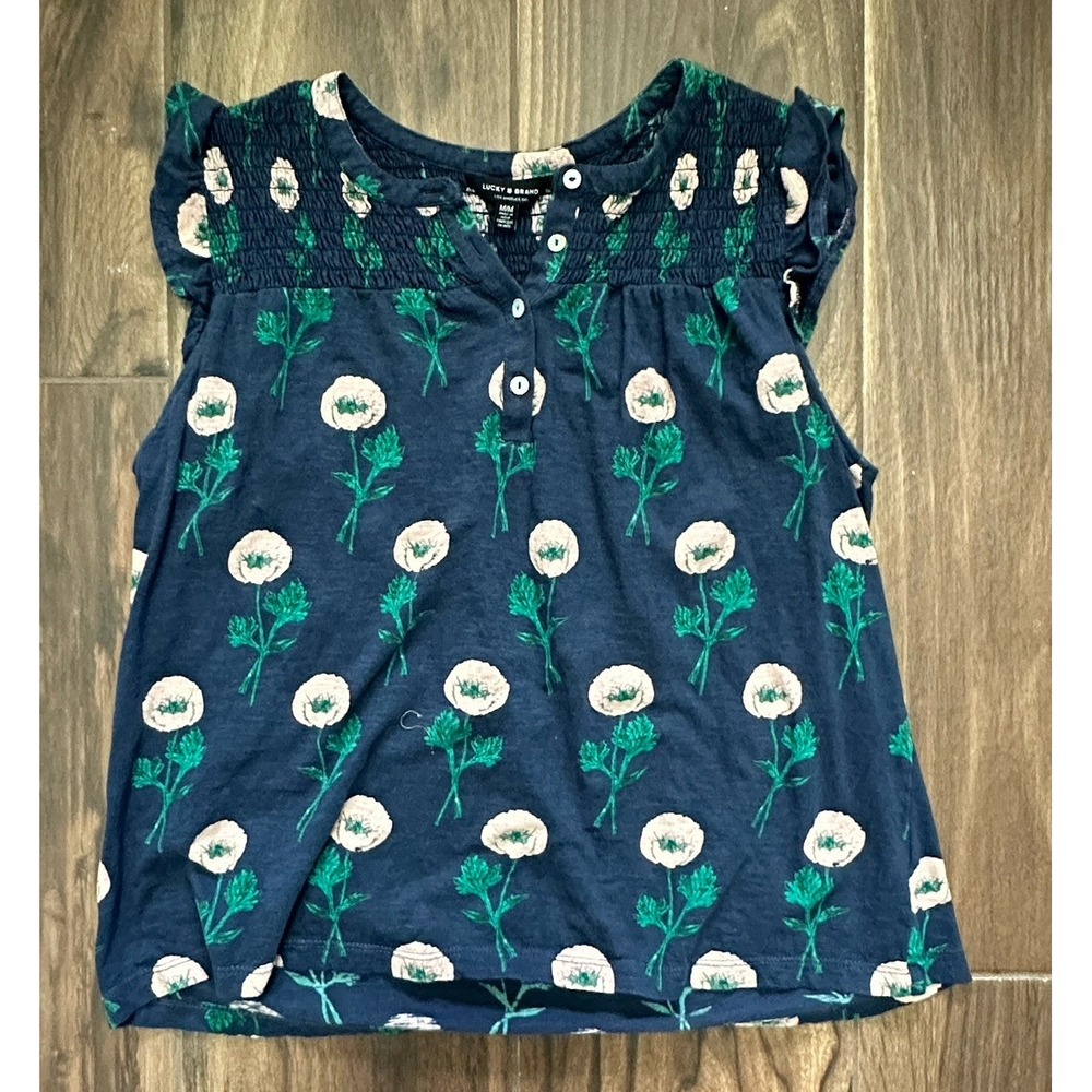Lucky Brand Womens Navy Blue Floral Smocked Flutter Sleeve Henley Top Size M